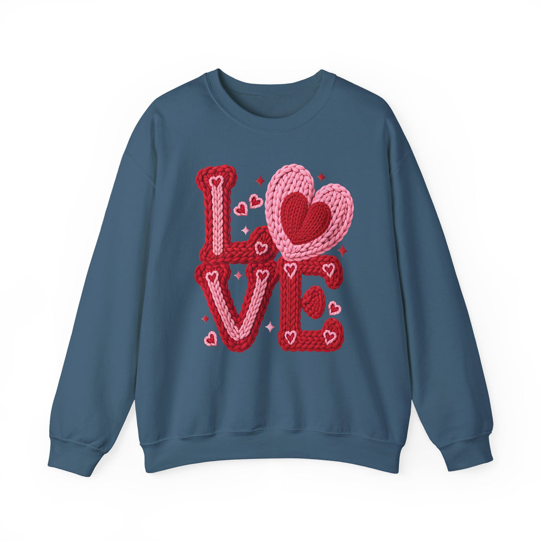 Love Heart Crew sweatshirt featuring LOVE in chunky yarn-style letters with a heart-shaped O, perfect for cozy, stylish wear.