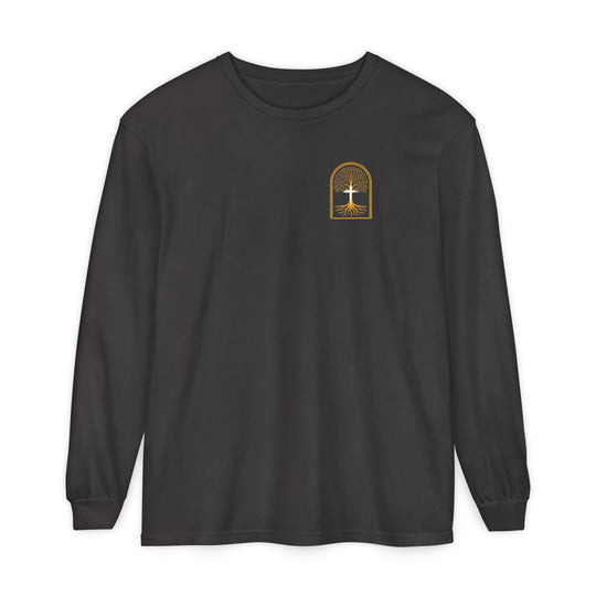 Noah to Adam Long Sleeve T-Shirt in charcoal, featuring a gold arched-window emblem with a stylized tree, showcasing branches and mirrored roots on the left chest.