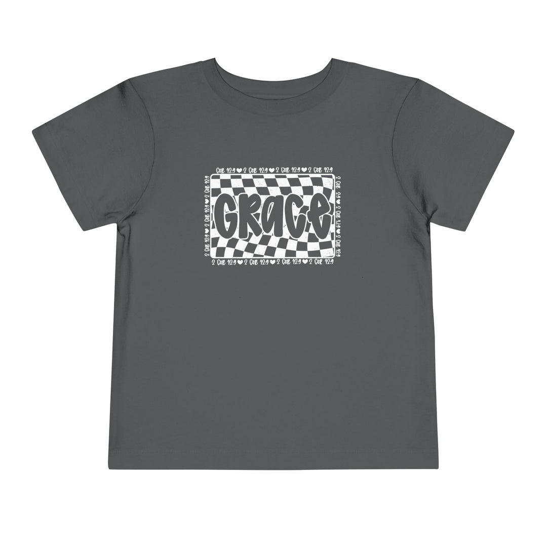 Grace Toddler Tee featuring a grey, checkered design, made from soft Airlume cotton, ideal for everyday wear by toddlers.