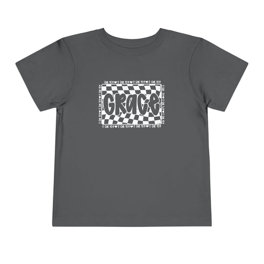 Grace Toddler Tee featuring a grey, checkered design, made from soft Airlume cotton, ideal for everyday wear by toddlers.