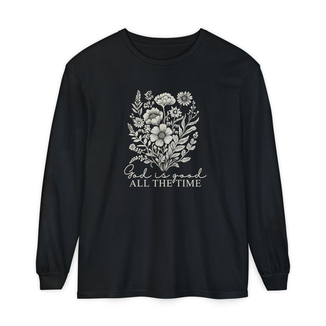 GOD is Good All the Time Long Sleeve Tee with white floral bouquet graphic and inspirational text, made of soft 100% ring-spun cotton for a comfortable fit.