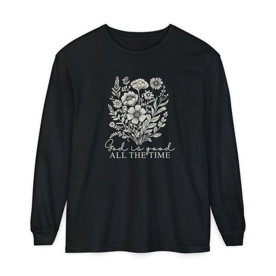 GOD is Good All the Time Long Sleeve Tee with white floral bouquet graphic and inspirational text, made of soft 100% ring-spun cotton for a comfortable fit.