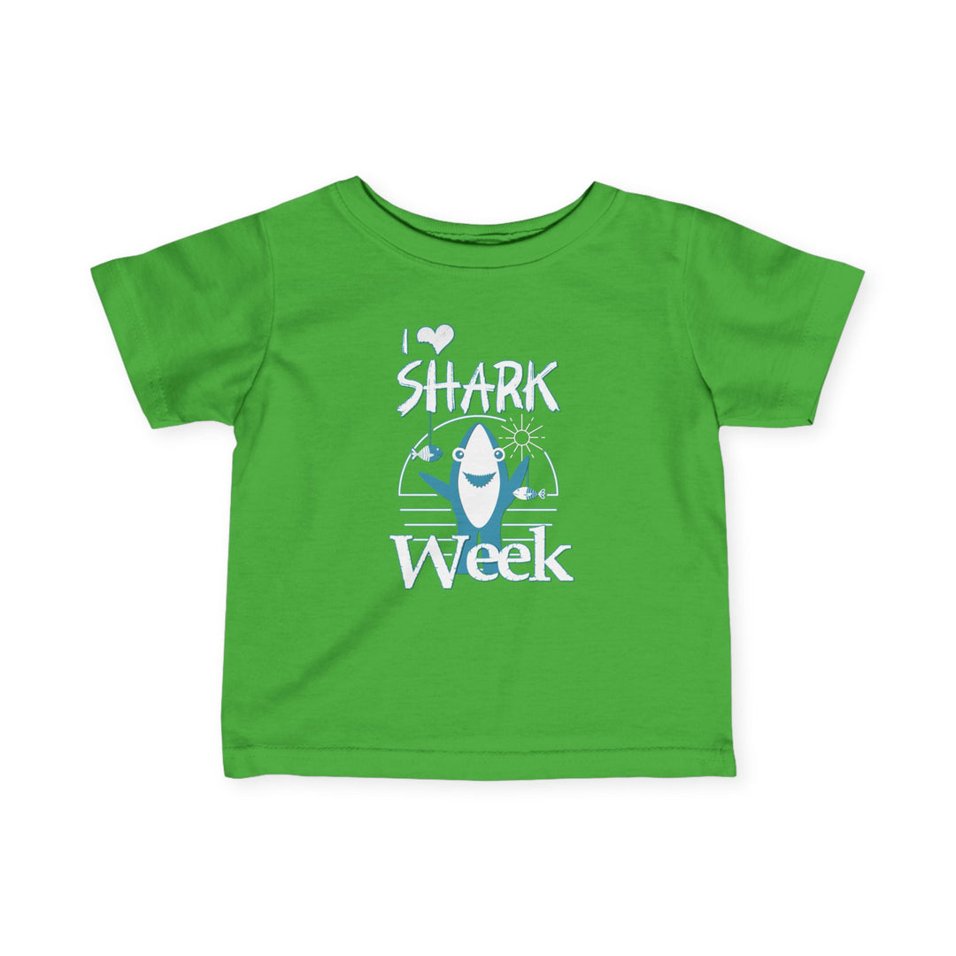 I Love Shark Week Baby Tee, featuring side seams and ribbed knitting for durability, ideal for infants. Perfect for comfort with a breezy fit and classic style.