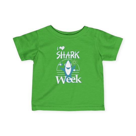 I Love Shark Week Baby Tee, featuring side seams and ribbed knitting for durability, ideal for infants. Perfect for comfort with a breezy fit and classic style.
