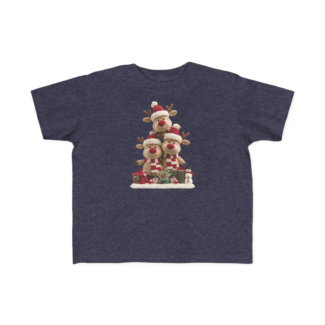 Reindeer Tree Toddler Tee features plush reindeer pyramid in festive scene with gifts and snowman, perfect for toddlers' sensitive skin with durable, high-quality print.
