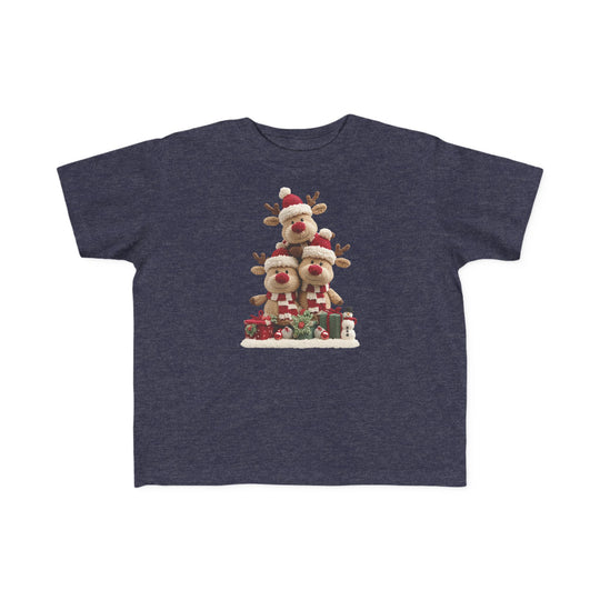 Reindeer Tree Toddler Tee features plush reindeer pyramid in festive scene with gifts and snowman, perfect for toddlers' sensitive skin with durable, high-quality print.