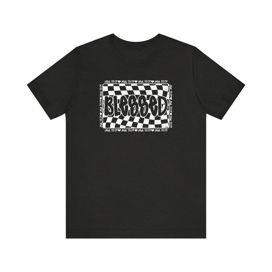 Blessed Tee: A black shirt featuring a black and white checkered design, crafted from soft cotton for a comfortable, retail fit.
