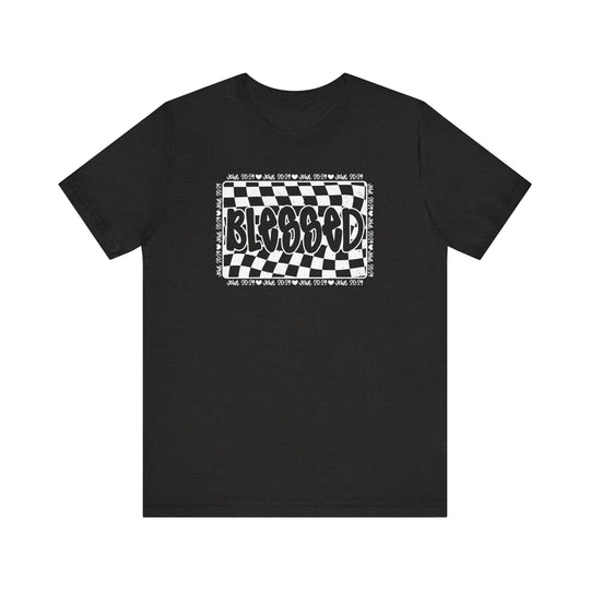 Blessed Tee: A black shirt featuring a black and white checkered design, crafted from soft cotton for a comfortable, retail fit.