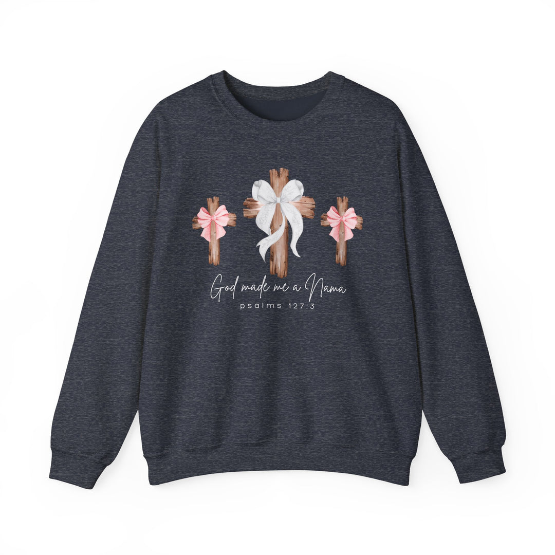 God Made Me a Nana Crew sweatshirt with wooden cross graphic and scripture, offers comfort and style, ideal from Faith Family Designs.