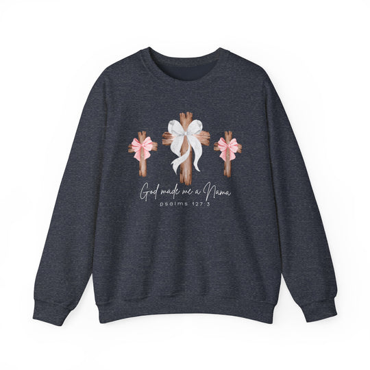 God Made Me a Nana Crew sweatshirt with wooden cross graphic and scripture, offers comfort and style, ideal from Faith Family Designs.
