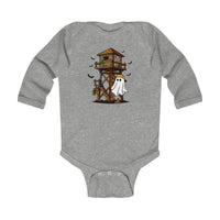 Heather-gray Ghost Hunter Long Sleeve Onesie with a camo deer stand, friendly ghost in an orange cap, and bats. Durable, soft fabric for babies.
