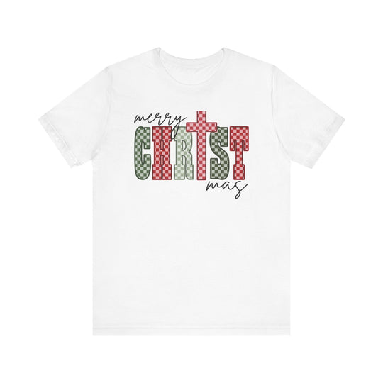 Christmas Tee with merry Christmas graphic in cursive and checkerboard letters, offering a soft, retail fit. Available in multiple sizes from XS to 3XL.