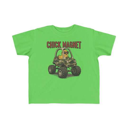 Chick Magnet Toddler Tee featuring a cartoon chick driving a camo monster truck with sunglasses, perfect for toddlers' sensitive skin.