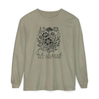 GOD is Good All the Time Long Sleeve Tee featuring a black line-art wildflower bouquet on muted olive, made from soft ring-spun cotton for a relaxed fit.