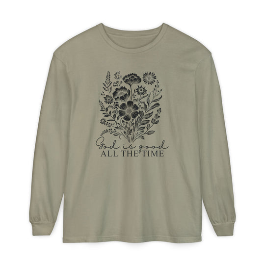 GOD is Good All the Time Long Sleeve Tee featuring a black line-art wildflower bouquet on muted olive, made from soft ring-spun cotton for a relaxed fit.