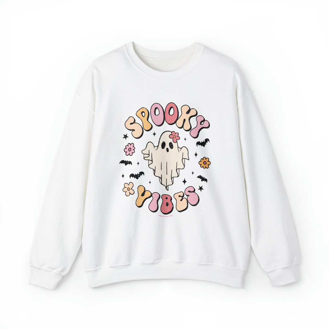 A white crewneck sweatshirt featuring a ghost design, embodying Spooky Vibes Crew. Unisex, heavy blend fabric, ribbed knit collar, and no itchy seams. Ideal for comfort and style.