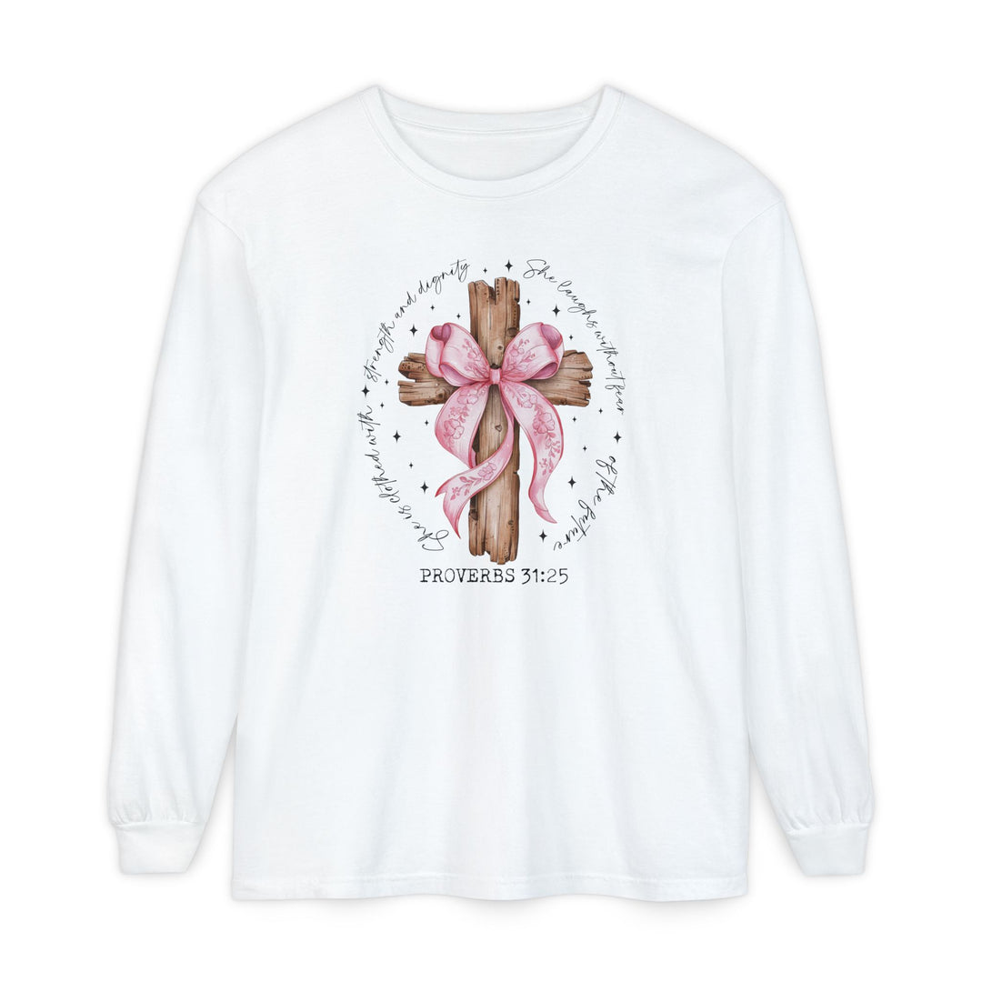 Proverbs 31:25 Long Sleeve Tee featuring a rustic wooden cross with pink ribbon, handwritten scripture, and star-like sparkles; made from 100% ring-spun cotton for comfort.