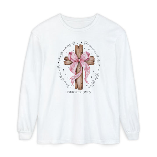 Proverbs 31:25 Long Sleeve Tee featuring a rustic wooden cross with pink ribbon, handwritten scripture, and star-like sparkles; made from 100% ring-spun cotton for comfort.
