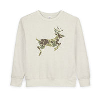 Camo Deer Toddler Crew sweatshirt with a leaping deer silhouette in woodland camouflage, designed for warmth and comfort with durable ribbed cuffs and waistband.