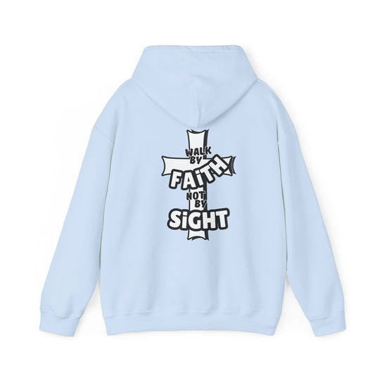 Unisex Walk By Faith Not By Sight Crew hoodie, featuring a cross design. Thick cotton-polyester blend, kangaroo pocket, and drawstring hood. Classic fit, tear-away label, medium-heavy fabric. Ideal for comfort and style.