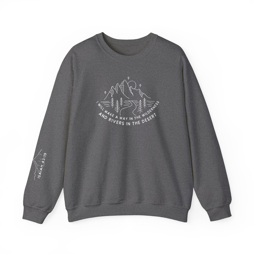 A unisex heavy blend crewneck sweatshirt, featuring a logo of mountains and trees, made from 50% cotton and 50% polyester fabric for cozy comfort and durability. No itchy side seams, ribbed knit collar, and tear-away label.