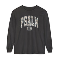 Black long-sleeve Psalm 23 Tee featuring camo-style PSALM print with 23:1 reference, made from soft, 100% ring-spun cotton for a relaxed fit.