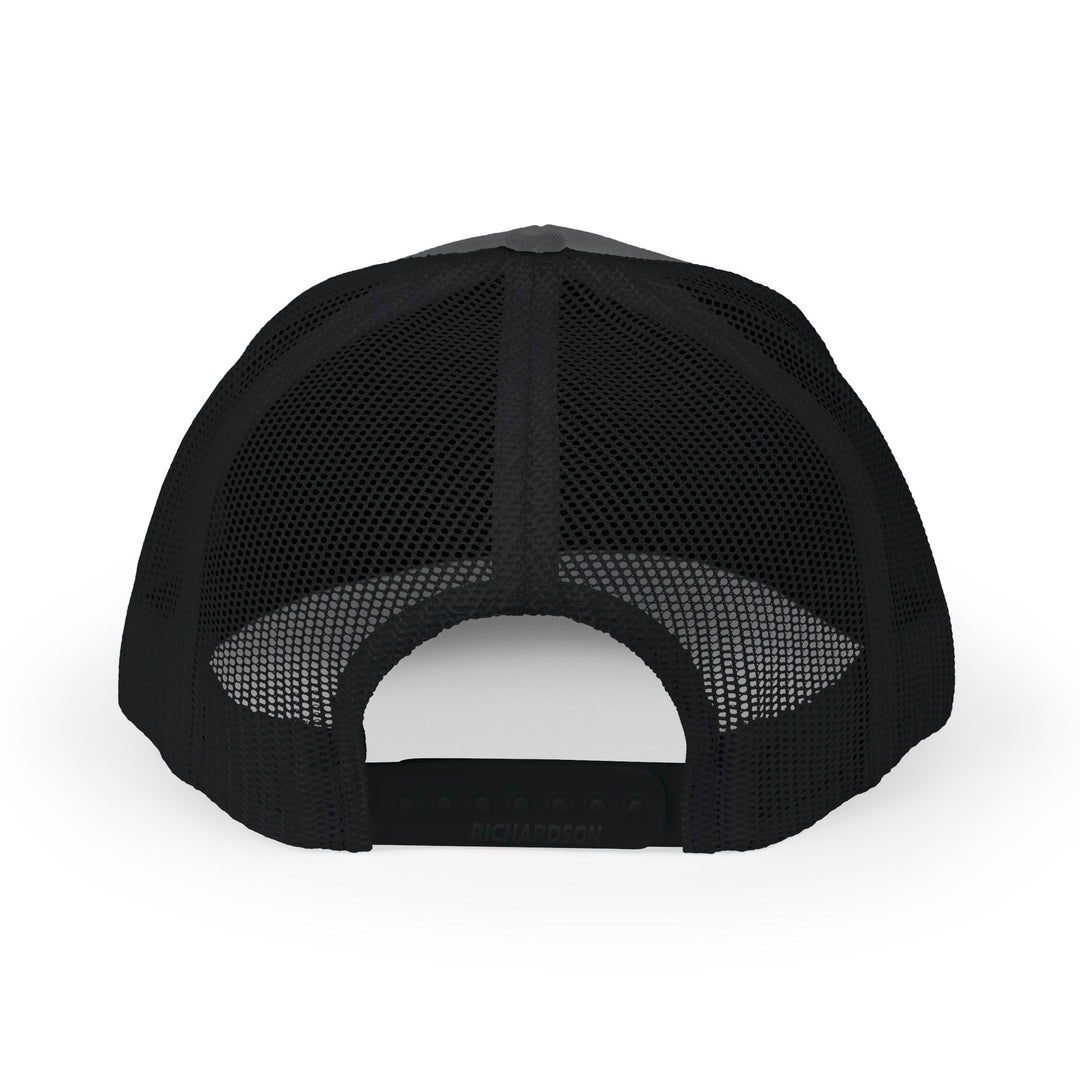 Back view of the Jesus, the Truth, the Way, the Life Snapback Trucker Cap featuring six-panel mesh, adjustable snap-back closure, and Richardson imprint on the strap.