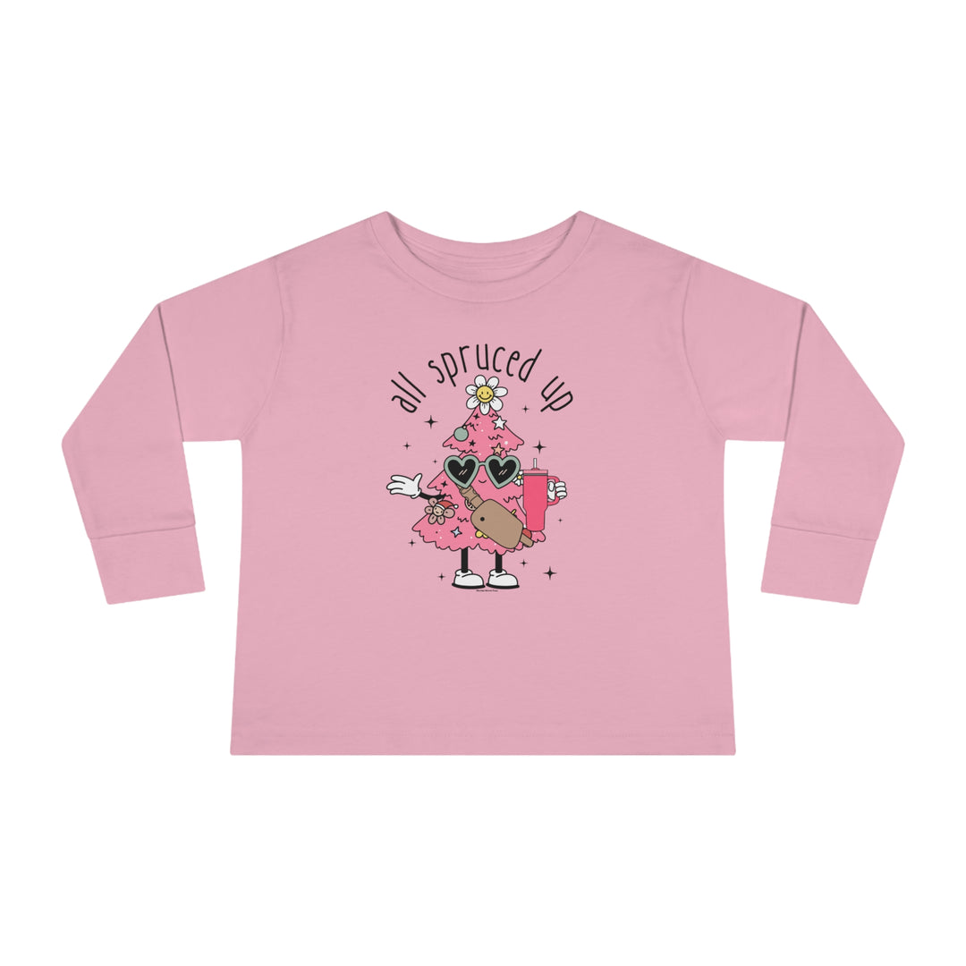 A custom toddler long-sleeve tee featuring a cartoon Christmas tree design. Made of 100% combed ringspun cotton, with topstitched ribbed collar and EasyTear™ label for sensitive skin. From 'Worlds Worst Tees'.