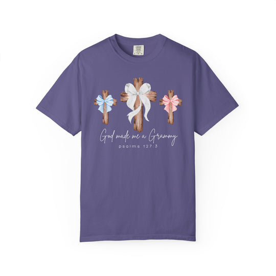 Purple T-shirt with three wooden crosses and bows, featuring God made me a Grammy and psalms 127:3, offering comfort and durability.