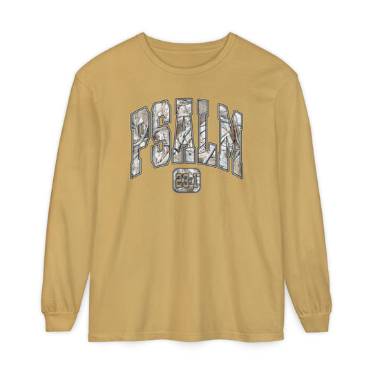 Psalm 23 Long Sleeve Tee in muted gold with PSALM in nature-inspired pattern and 23:1 text, made of 100% ring-spun cotton for a relaxed fit.