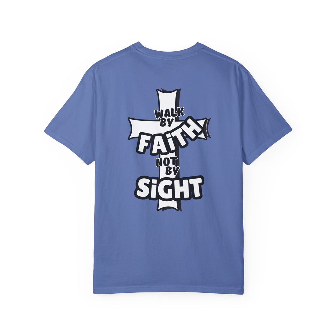 A relaxed-fit Walk By Faith Not By Sight Tee in blue with a white cross and text. Made of 100% ring-spun cotton for comfort and durability, featuring double-needle stitching and a seamless design.