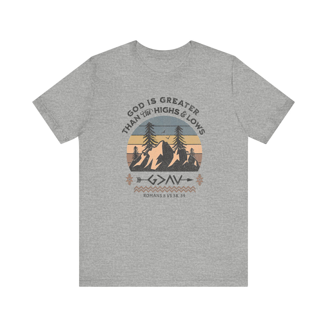 God is Greater Tee, featuring a graphic design of mountains and birds on a grey short sleeve t-shirt, made from soft cotton with a retail fit.