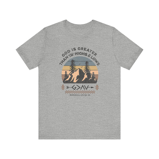 God is Greater Tee, featuring a graphic design of mountains and birds on a grey short sleeve t-shirt, made from soft cotton with a retail fit.