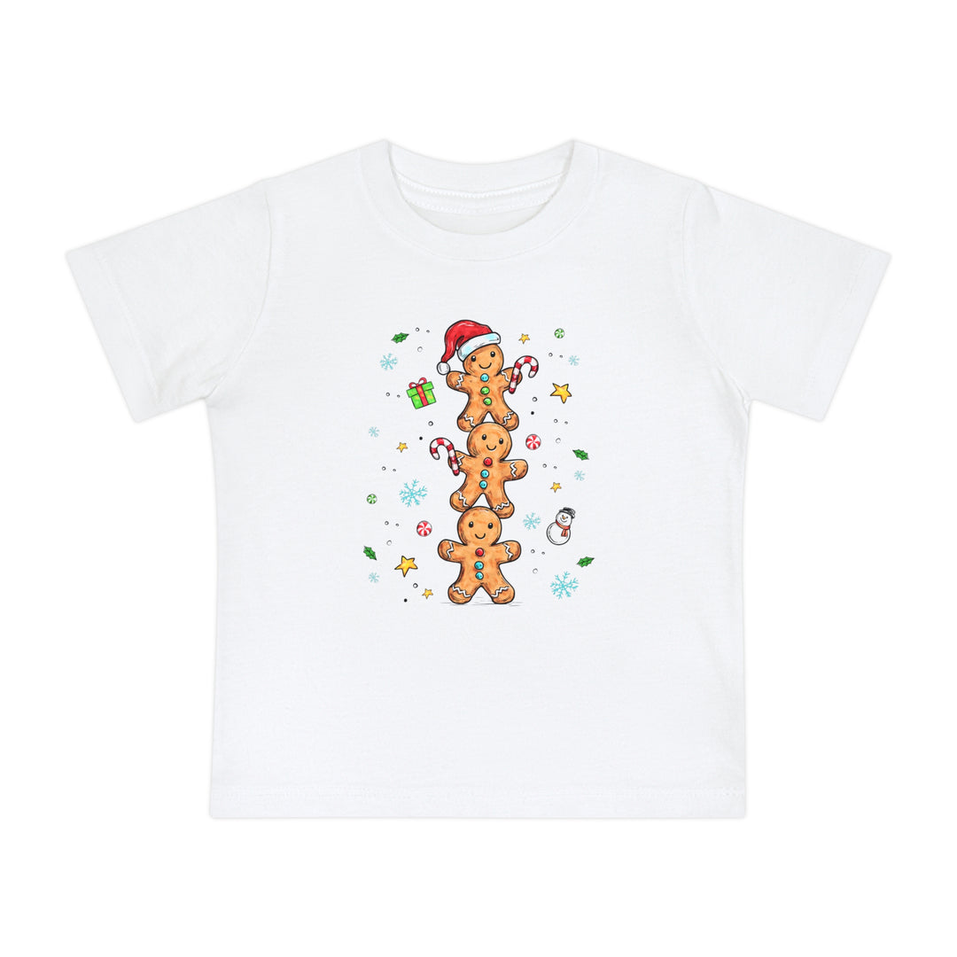Gingerbread Stack Baby Tee with three smiling gingerbread cookies, holiday accents, designed for comfort and durability in pre-shrunk cotton. Perfect for festive occasions.