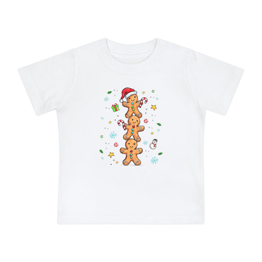 Gingerbread Stack Baby Tee with three smiling gingerbread cookies, holiday accents, designed for comfort and durability in pre-shrunk cotton. Perfect for festive occasions.