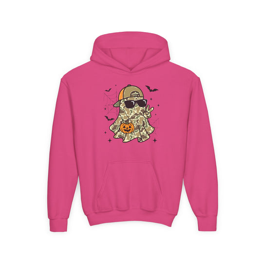 Candy Ghost Youth Hoodie featuring a vivid ghost graphic with camo pattern, sunglasses, and peace sign, perfect for a fun, spooky style.