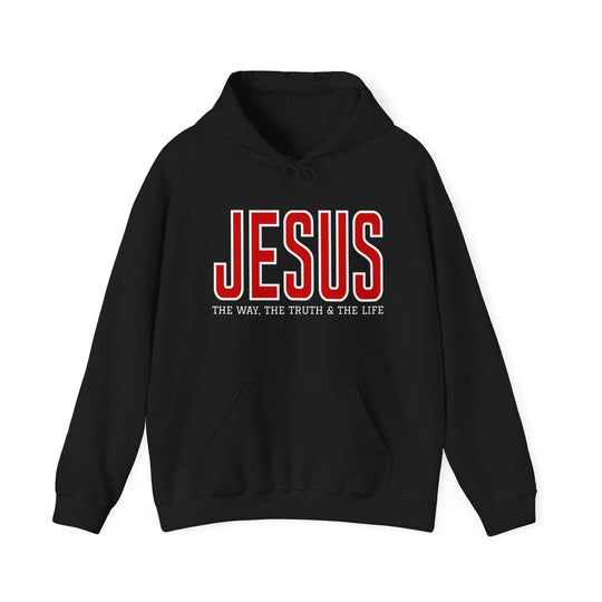 Black hoodie with JESUS in red and THE WAY, THE TRUTH & THE LIFE beneath. Features kangaroo pocket and drawstring hood.
