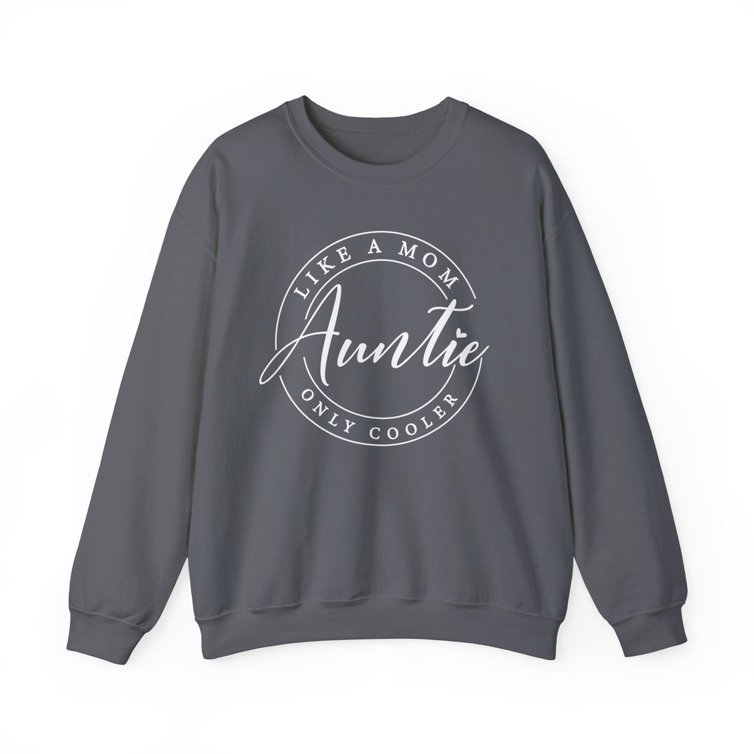 Unisex Auntie Crew grey sweatshirt featuring white text, made of polyester and cotton blend, with a ribbed knit collar for shape retention.