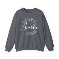 Unisex Auntie Crew grey sweatshirt featuring white text, made of polyester and cotton blend, with a ribbed knit collar for shape retention.