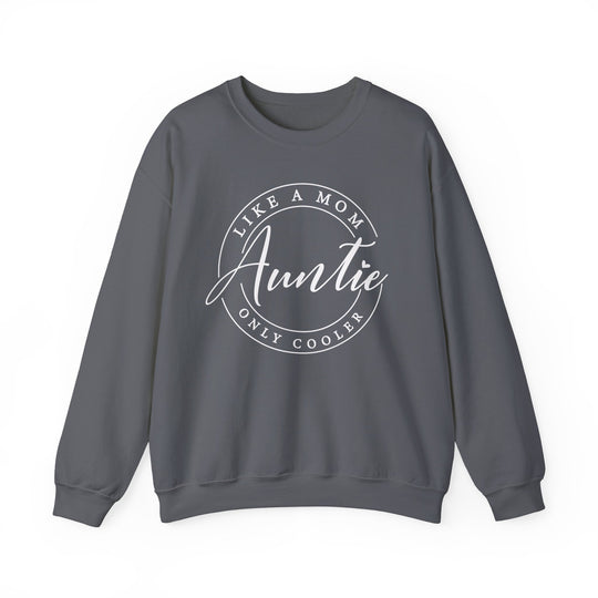Unisex Auntie Crew grey sweatshirt featuring white text, made of polyester and cotton blend, with a ribbed knit collar for shape retention.
