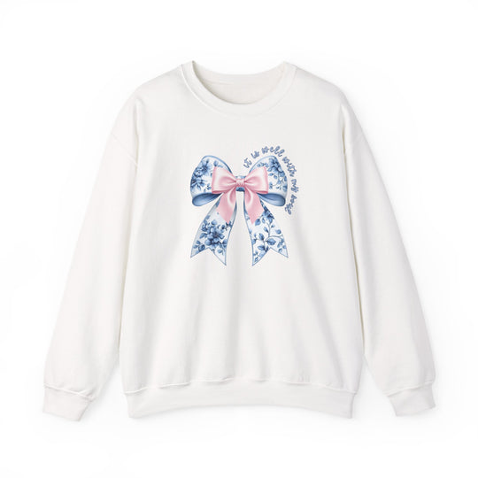 All is Well With My Soul Crew: White sweatshirt featuring a pastel bow with floral details and inspiring text, offering comfort with a polyester-cotton blend.