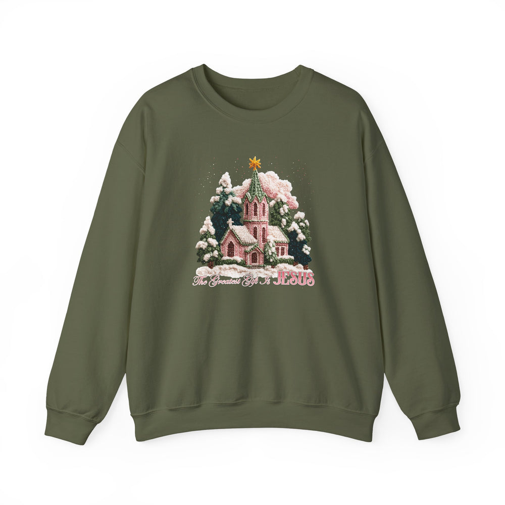Gift is Jesus Crew sweatshirt with snowy church scene and phrase “The Greatest Gift is JESUS,” ideal for cozy, Christian-themed Christmas wear.