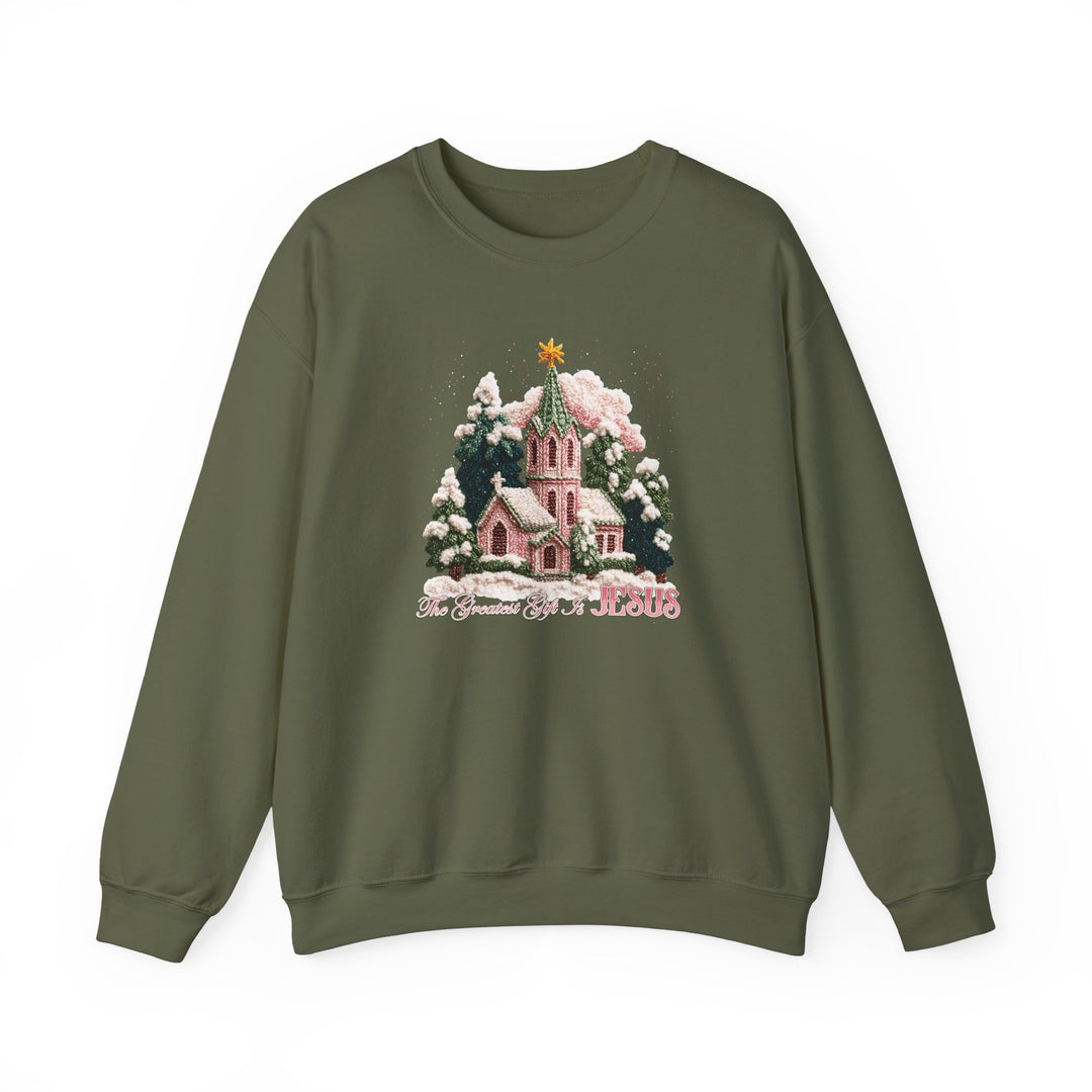 Gift is Jesus Crew sweatshirt with snowy church scene and phrase “The Greatest Gift is JESUS,” ideal for cozy, Christian-themed Christmas wear.