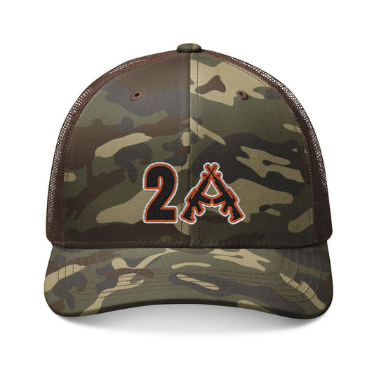 2A Camouflage Trucker Hat (Embroidery) with a camo pattern, featuring a black and orange 2A logo with crossed rifles, breathable mesh back, and adjustable snap closure.