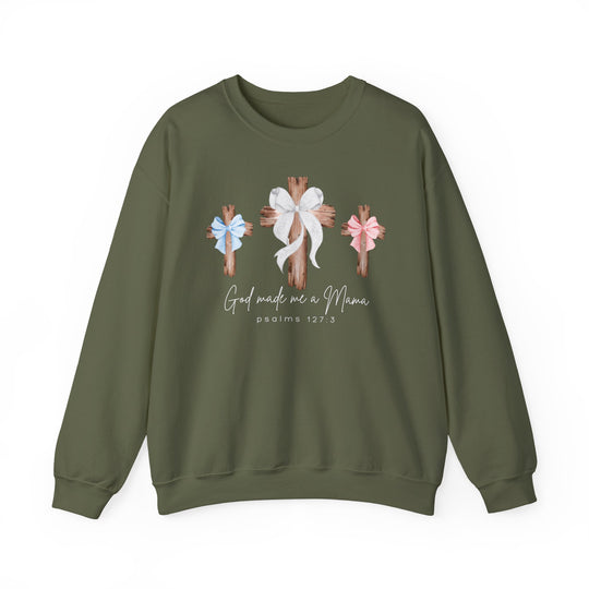 Olive-green sweatshirt with three crosses, center tied with a white bow, God made me a Mama text, ideal for comfort, polyester-cotton blend.