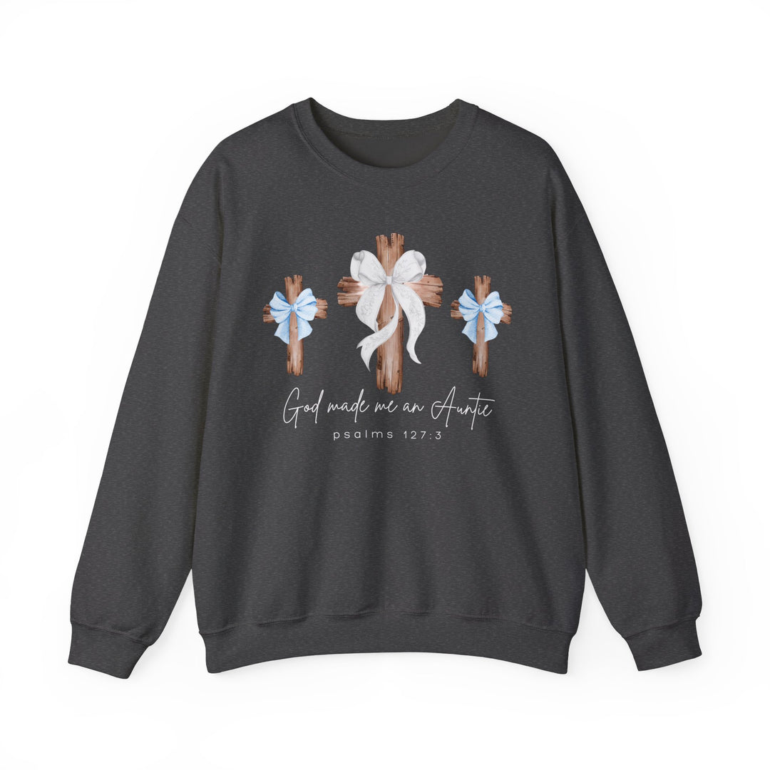 Dark charcoal-gray crewneck sweatshirt featuring three wooden crosses with bows and script God made me an Auntie and Psalms 127:3 text.