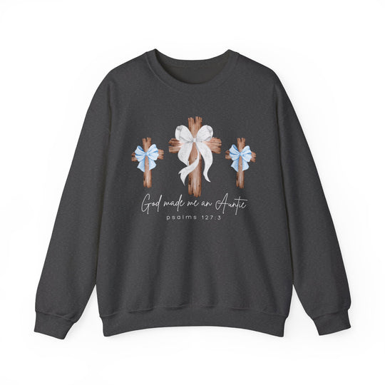 Dark charcoal-gray crewneck sweatshirt featuring three wooden crosses with bows and script God made me an Auntie and Psalms 127:3 text.