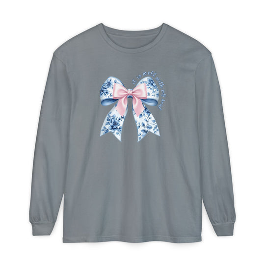 It is Well With My Soul Long Sleeve Tee featuring a floral and pink bow graphic on a heather-gray background, offering a relaxed, comfortable fit.