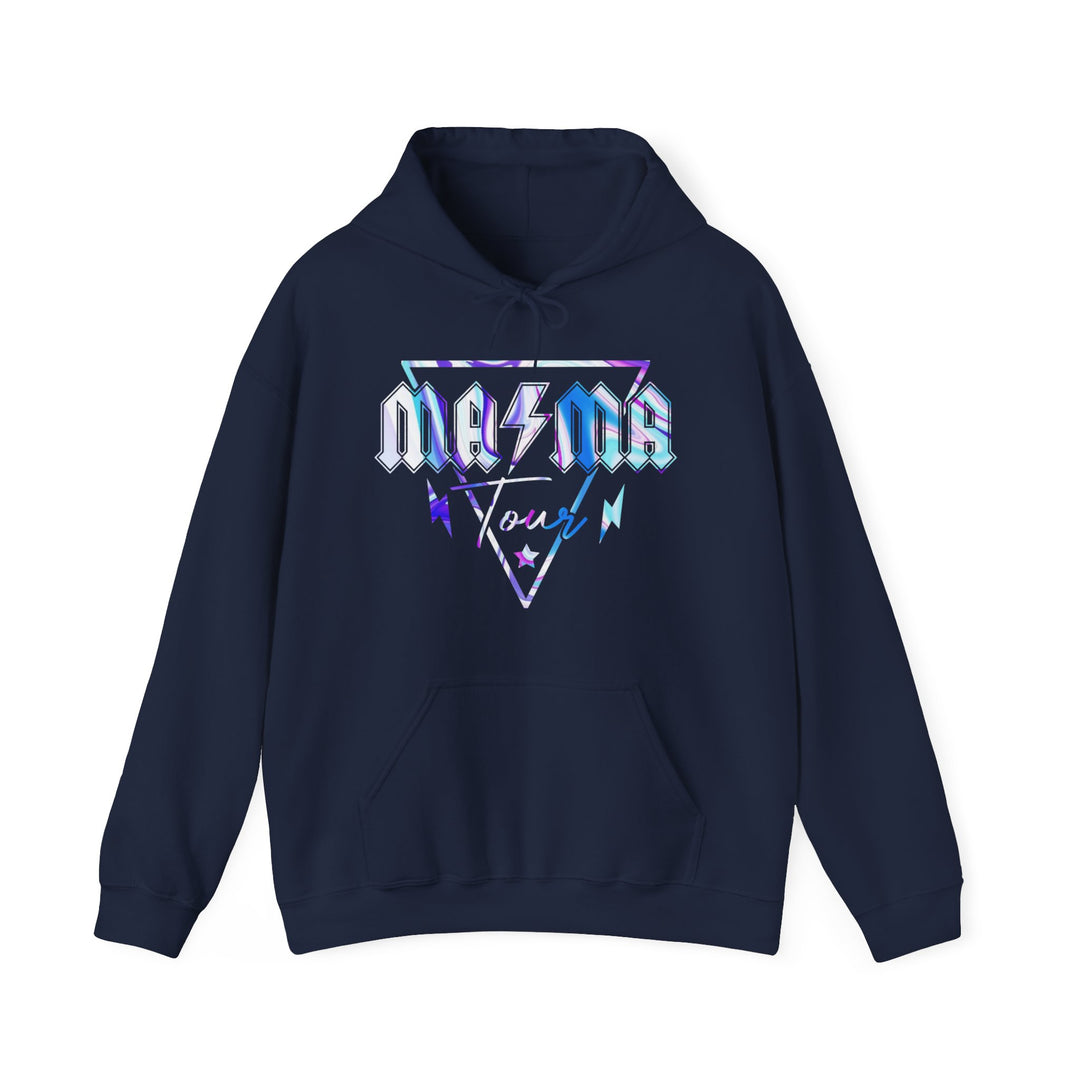 Unisex Ma/Ma Band Hoodie: Blue hoodie with logo, kangaroo pocket, and matching drawstring. Cotton-polyester blend for warmth and comfort. Classic fit, tear-away label. Ideal for cold days.