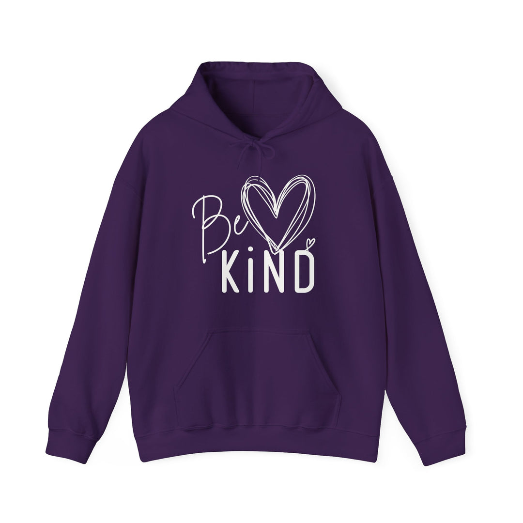 Be Kind Hoodie in deep purple with a kangaroo pocket, features Be Kind text and heart graphic on the chest, ideal for cozy, everyday wear.